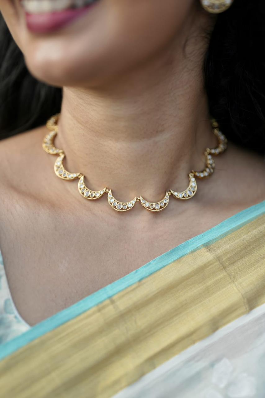 Antique Finish Half Moon Design Jadau Stone Necklace