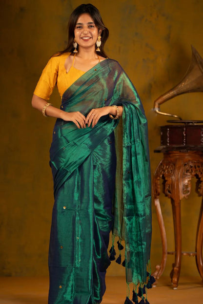 Peacock color Raga Tissue Soft Silk Saree