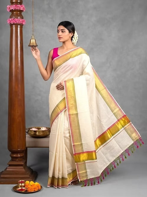 Orange Golden Stripe Kasavu Tissue Saree With Tussel