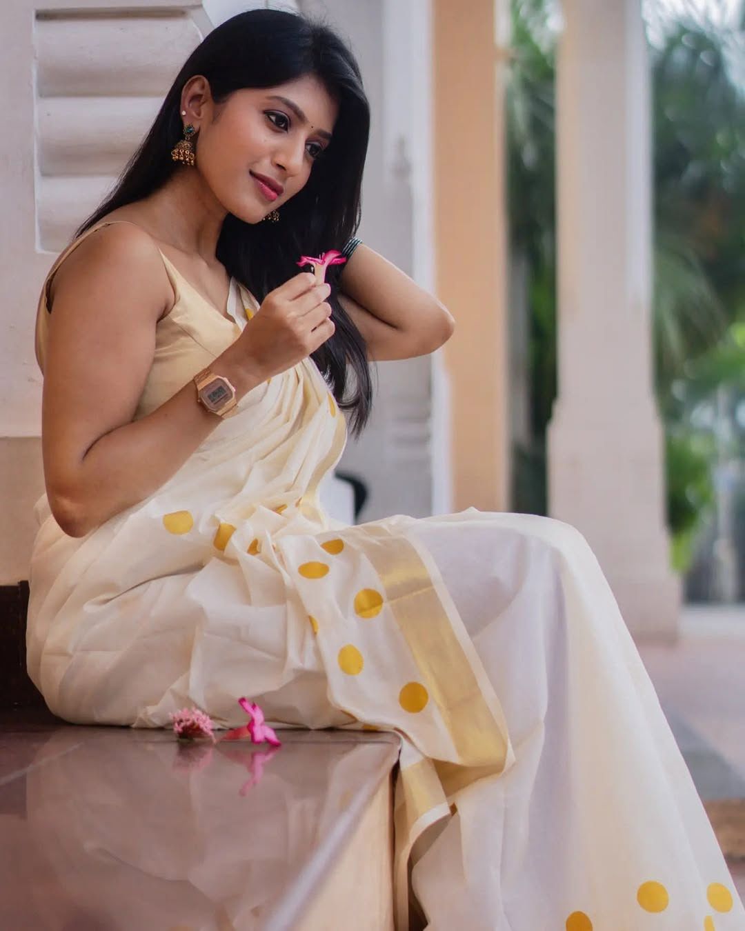Golden polka cotton saree